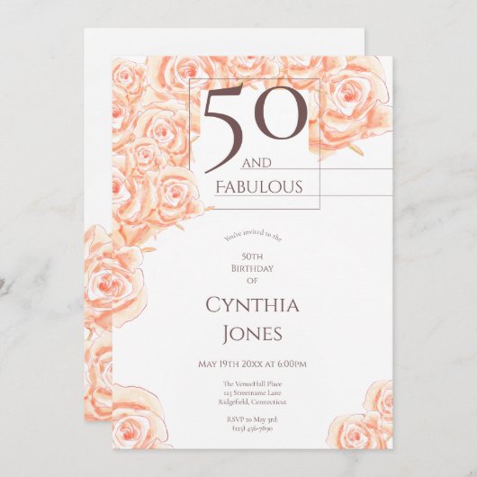 50と素晴らしいフローラピンクローズブラウン縦 招待状 (正面/裏面)