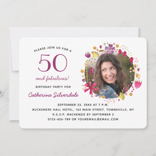 50と素晴らしいフローラフォトバースデーパーティー 招待状 (正面)