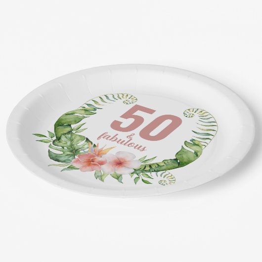 50と素晴らしいフローラ赤面ピンクのスクリプト誕生日 ペーパープレート (アングル)