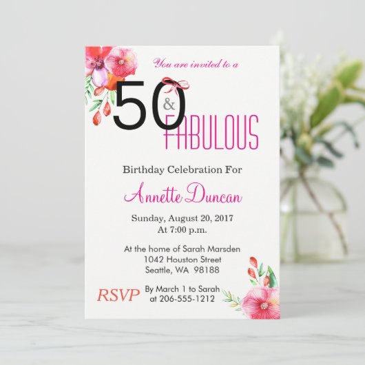 50と素晴らしいフローラ50番目の誕生日招待状 招待状 (スタンド正面)