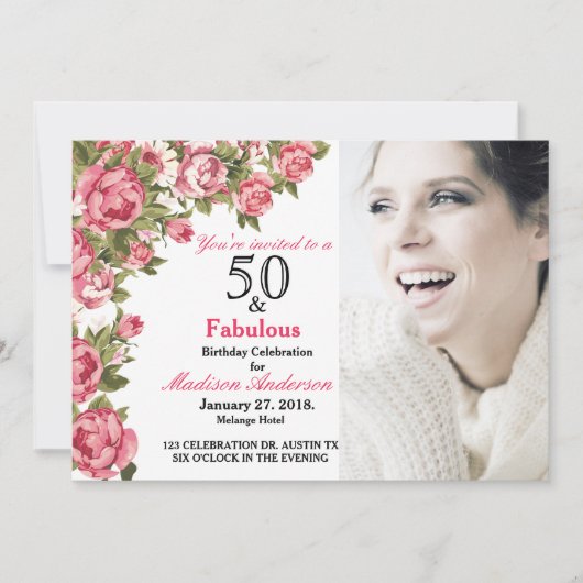 50と素晴らしいフローラ | 50番目の誕生日招待状 招待状 (正面)