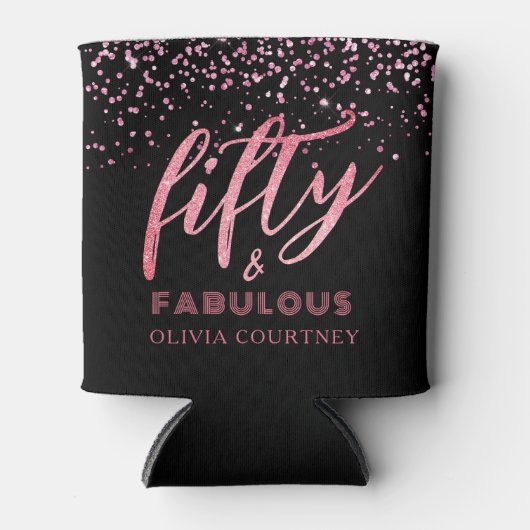50と素晴らしいブラックとピンクのグリッター誕生日 缶クーラー (正面)