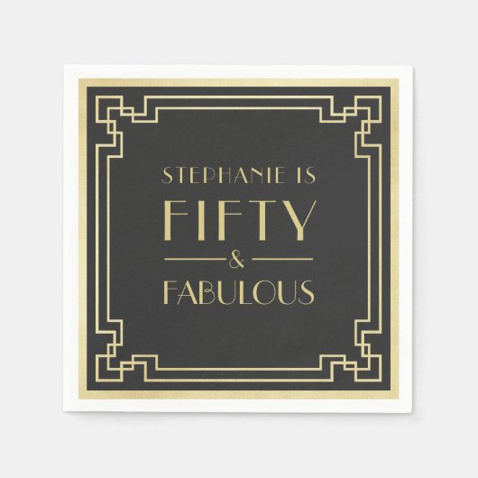 50と素晴らしいブラックと金ゴールドアールデコ誕生日 スタンダードカクテルナプキン (正面)