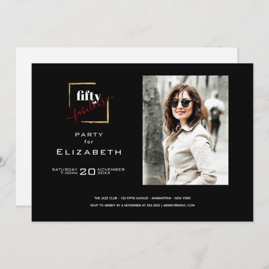 50と素晴らしいブラックと金ゴールド写真 招待状 (正面/裏面)