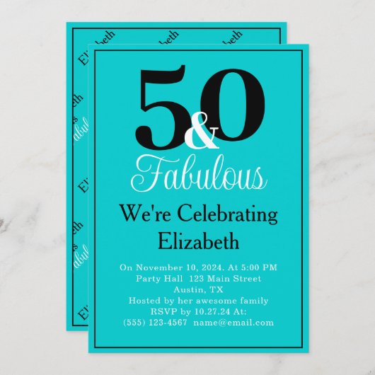50と素晴らしいブラックオンターコイズブルー 招待状 (正面/裏面)