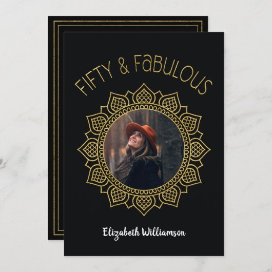 50と素晴らしいブラック金ゴールドエレガントパーティー 招待状 (正面/裏面)