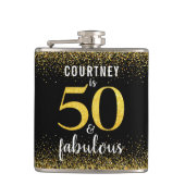 50と素晴らしいブラック金ゴールドグリッタースクリプト名 フラスク (正面)
