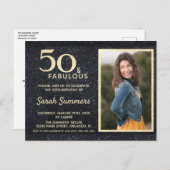 50と素晴らしいブラック金ゴールドグリッター誕生日 インビテーションポストカード (正面/裏面)