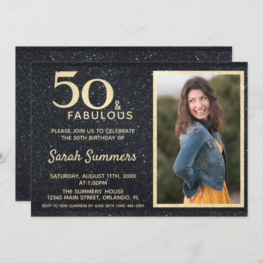 50と素晴らしいブラック金ゴールドグリッター誕生日 招待状 (正面/裏面)
