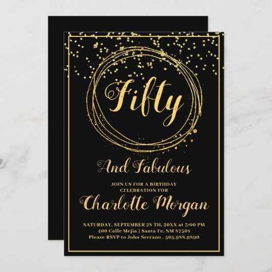 50と素晴らしいブラック金ゴールドグリッター 招待状 (正面/裏面)