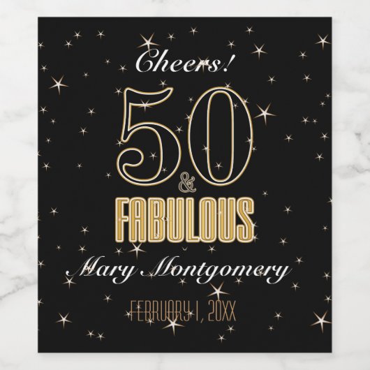 50と素晴らしいブラック金ゴールドタイポグラフィ50誕生日 ワインラベル (シングルラベル)