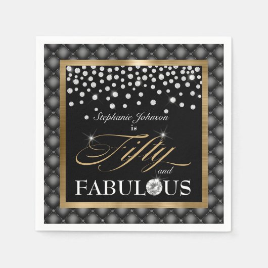 50と素晴らしいブラック金ゴールドダイヤモンドグラマラス スタンダードカクテルナプキン (正面)