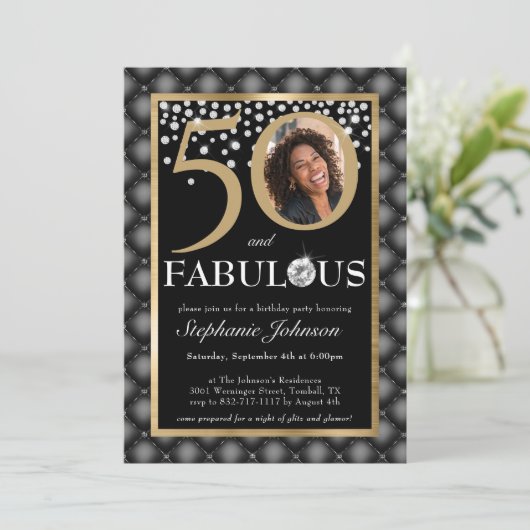 50と素晴らしいブラック金ゴールドダイヤモンドシック写真 招待状 (スタンド正面)