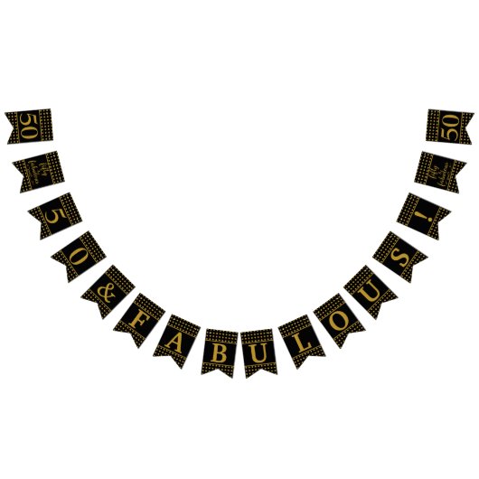 50と素晴らしいブラック金ゴールドドット バンティングフラッグ (全)