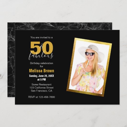 50と素晴らしいブラック金ゴールドモダン50誕生日 招待状 (正面/裏面)