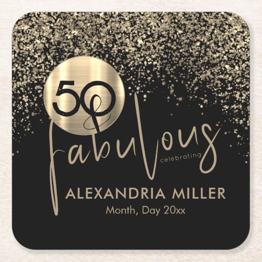 50と素晴らしいブラック金ゴールド誕生日パーティー スクエアペーパーコースター (正面)