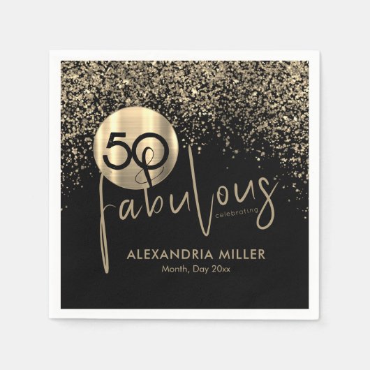 50と素晴らしいブラック金ゴールド誕生日パーティー スタンダードカクテルナプキン (正面)