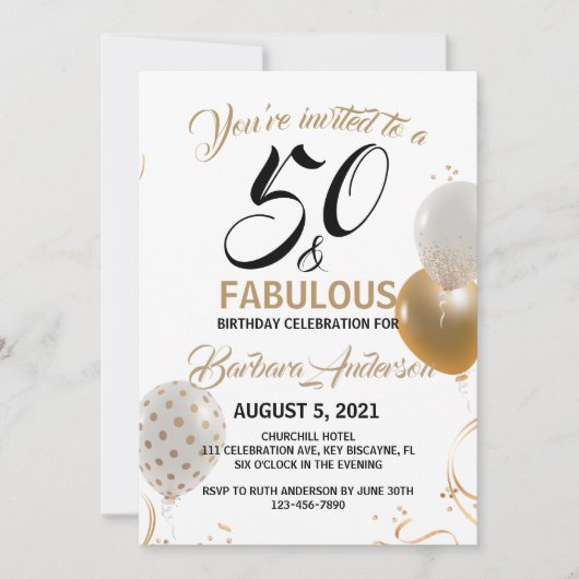 50と素晴らしいブラック金ゴールド誕生日パーティー 招待状 (正面)
