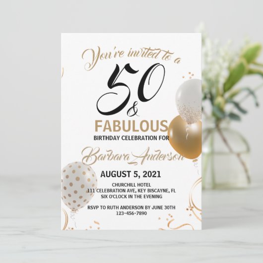 50と素晴らしいブラック金ゴールド誕生日パーティー 招待状 (スタンド正面)