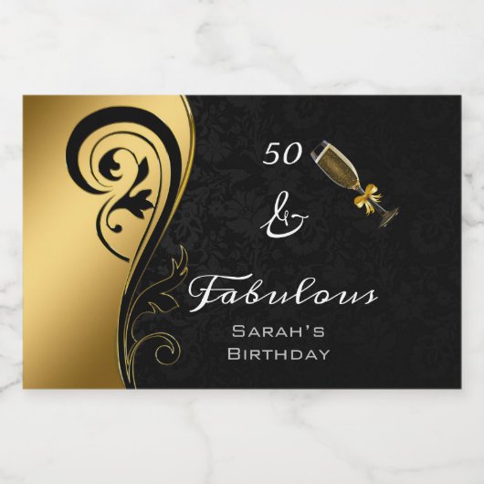 50と素晴らしいブラック金ゴールド誕生日ミニきらめくW スパークリングワインラベル (シングルラベル)