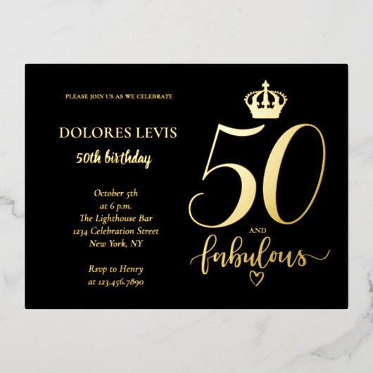 50と素晴らしいブラック金ゴールド誕生日 箔招待状ポストカード (正面)