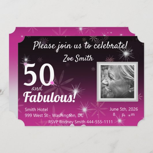 50と素晴らしいブラック、ピンク、ホワイト、星とデイジー 招待状 (正面/裏面)