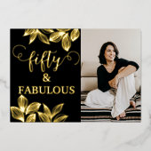 50と素晴らしいブラック&金ゴールドフォト誕生日 箔招待状 (正面)