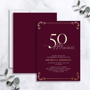 50と素晴らしいブルゴーニュ&金ゴールド書道誕生日 箔招待状