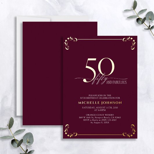 50と素晴らしいブルゴーニュ&金ゴールド書道誕生日 箔招待状