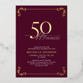 50と素晴らしいブルゴーニュ&金ゴールド書道誕生日 箔招待状 (正面)