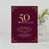 50と素晴らしいブルゴーニュ&金ゴールド書道誕生日 箔招待状 (立ち正面)