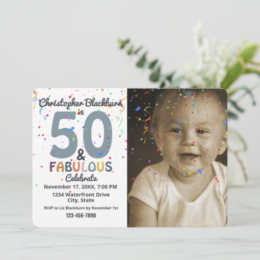 50と素晴らしいブルーフォトフィティートバースデーパーティー 招待状 (スタンド正面)
