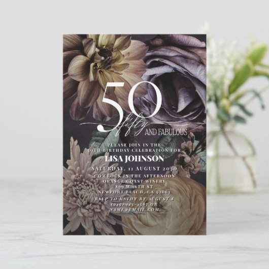 50と素晴らしいモダンダークムーディパープルフローラ 招待状 (スタンド正面)