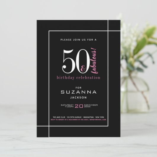 50と素晴らしいモダンブラックとピンクの誕生日 招待状 (スタンド正面)