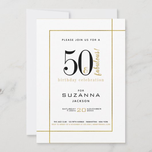 50と素晴らしいモダンブラックと金ゴールド誕生日 招待状 (正面)