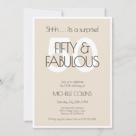 50と素晴らしいモダンベージュ50歳の誕生日パーティー 招待状 (正面)
