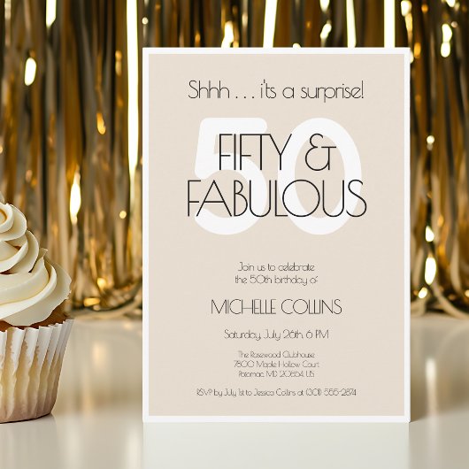 50と素晴らしいモダンベージュ50歳の誕生日パーティー 招待状