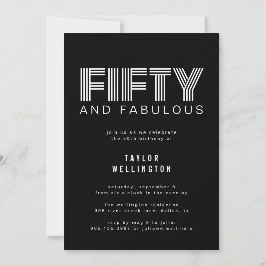 50と素晴らしいモダン白黒誕生日パーティー 招待状 (正面)