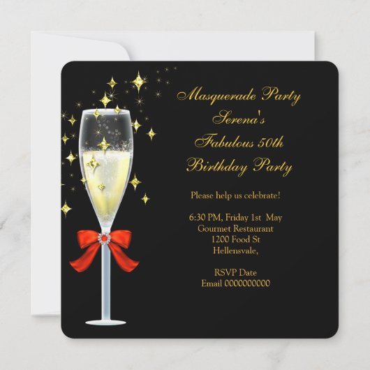 50と素晴らしいレッド金ゴールドブラックマスカレードパーティー 招待状 (裏面)