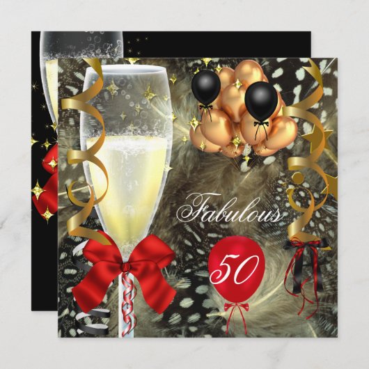 50と素晴らしいレッド金ゴールドブラック誕生日パーティー 招待状 (正面/裏面)