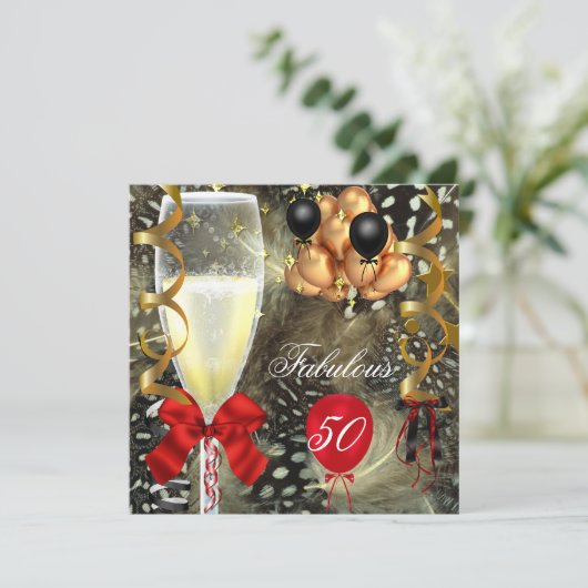 50と素晴らしいレッド金ゴールドブラック誕生日パーティー 招待状 (スタンド正面)