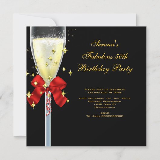 50と素晴らしいレッド金ゴールドブラック誕生日パーティー 招待状 (裏面)