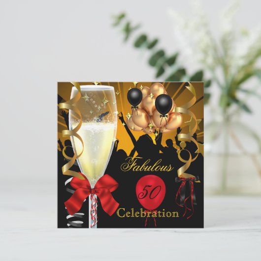 50と素晴らしいレッド金ゴールドブラック誕生日パーティー 招待状 (スタンド正面)