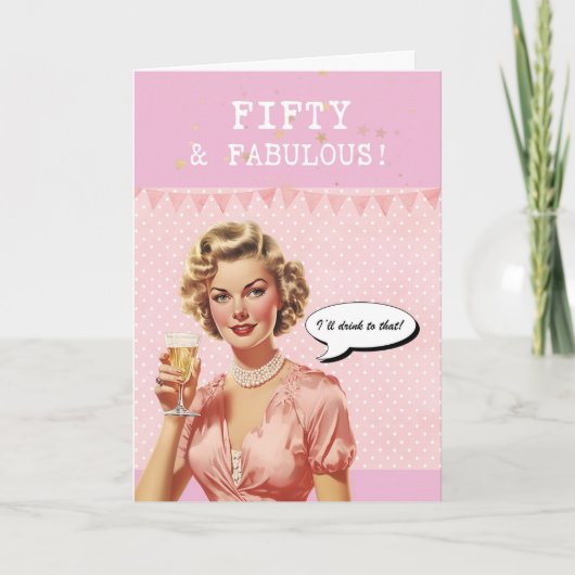 50と素晴らしいレトロピンクの誕生日カード カード (正面)