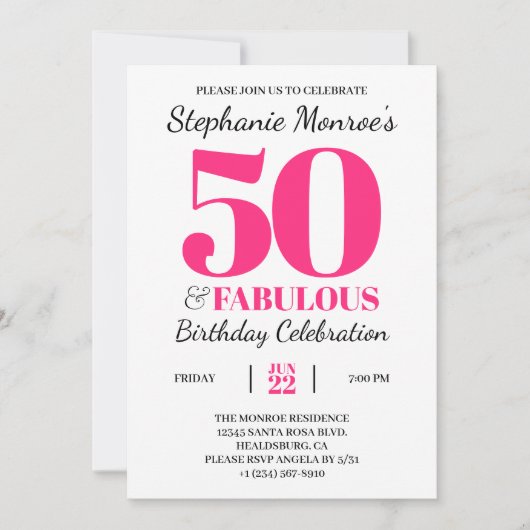 50と素晴らしいレトロピンクタイポグラフィ誕生日 招待状 (正面)