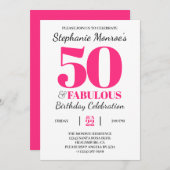 50と素晴らしいレトロピンクタイポグラフィ誕生日 招待状 (正面/裏面)
