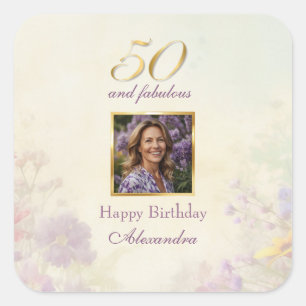 50と素晴らしいヴィンテージパープル金ゴールドフローラ誕生日 スクエアシール