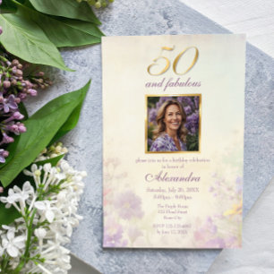 50と素晴らしいヴィンテージパープル金ゴールドフローラ誕生日 招待状