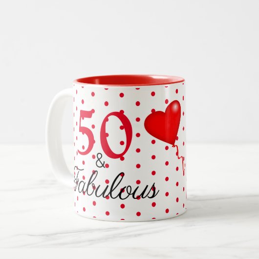 50と素晴らしい写真と赤50誕生日WH赤 ツートーンマグカップ (正面左)