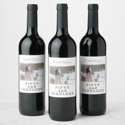 50と素晴らしい写真のモダン誕生日 ワインラベル (ボトル)